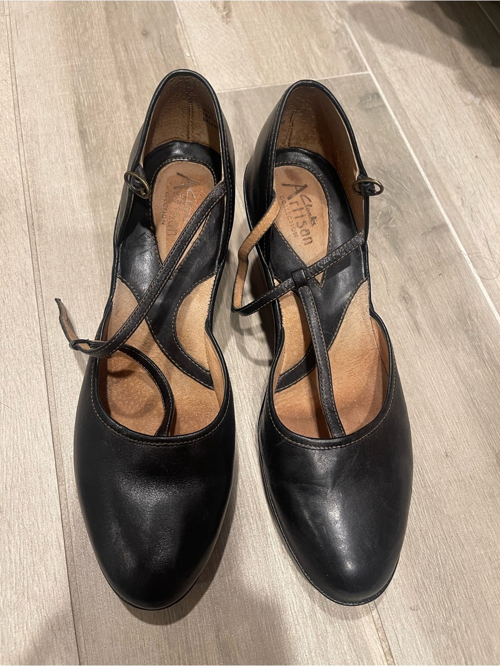 Clarks Black Leather Mary Jane Heels with Cross Strap